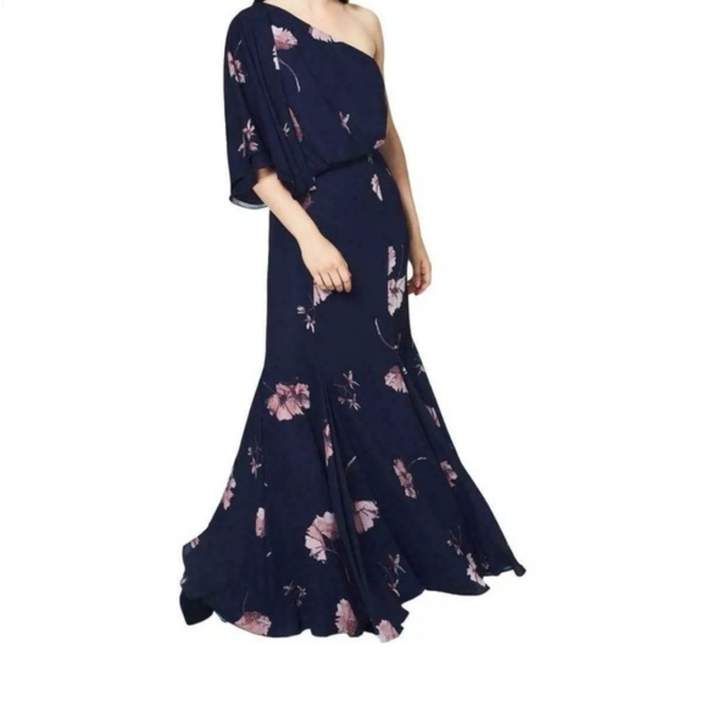 Fame and Partners Navy One-Shoulder Floral Maxi Dress with Pink Blossoms